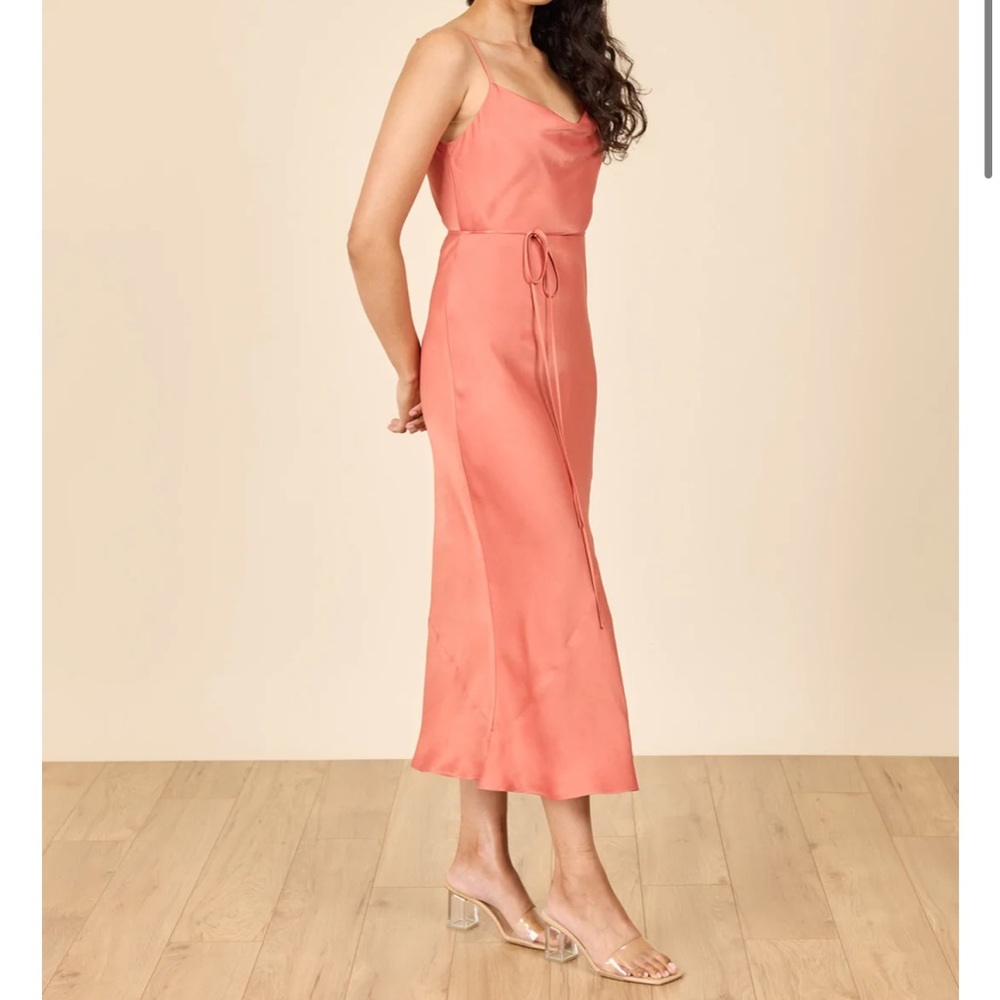 Park & Fifth Coral Satin Midi Slip Dress with Waist Tie